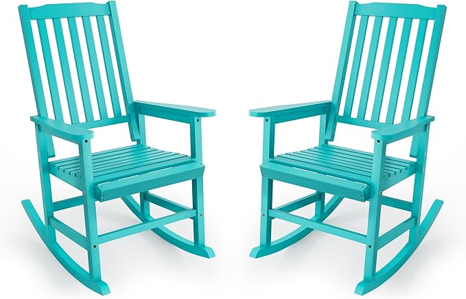 Outdoor Rocking Chairs Set of 2, Rocking Chair Outdoor All Weather Wooden Rockers, Heavy Duty 350lbs, High Back Wide Seat Patio Chairs for Porch, Backyard, Garden, Aqua Sky