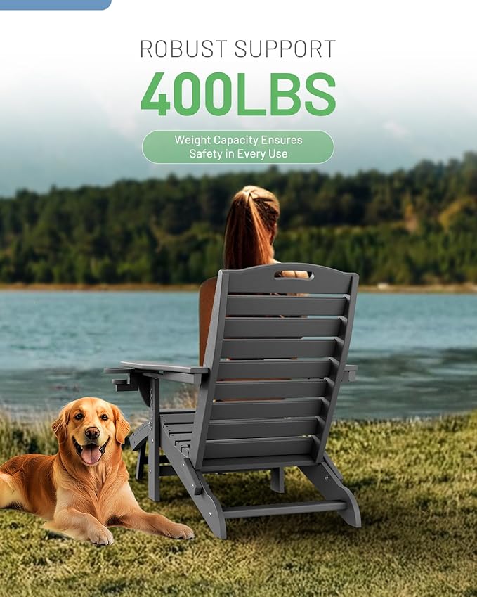 Folding Adirondack Chair with Retractable Ottoman Weather Resistant Fire Pit Chair Patio Chair with 2 Cup Holder Lawn Outdoor Lounge Chairs (Grey)