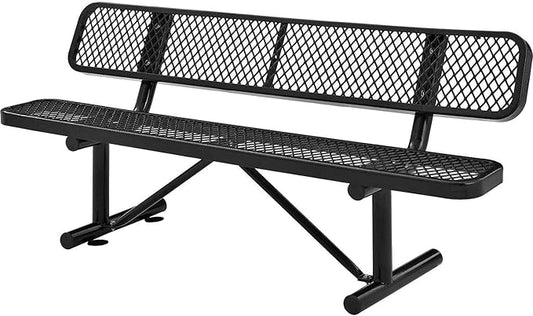 Global Industrial 6'L Heavy Duty Expanded Metal Mesh Bench with Backrest with Steel Frame, Portable Outdoor Bench, 1000 lbs Capacity, Black, 72" L x 24" W x 33" H