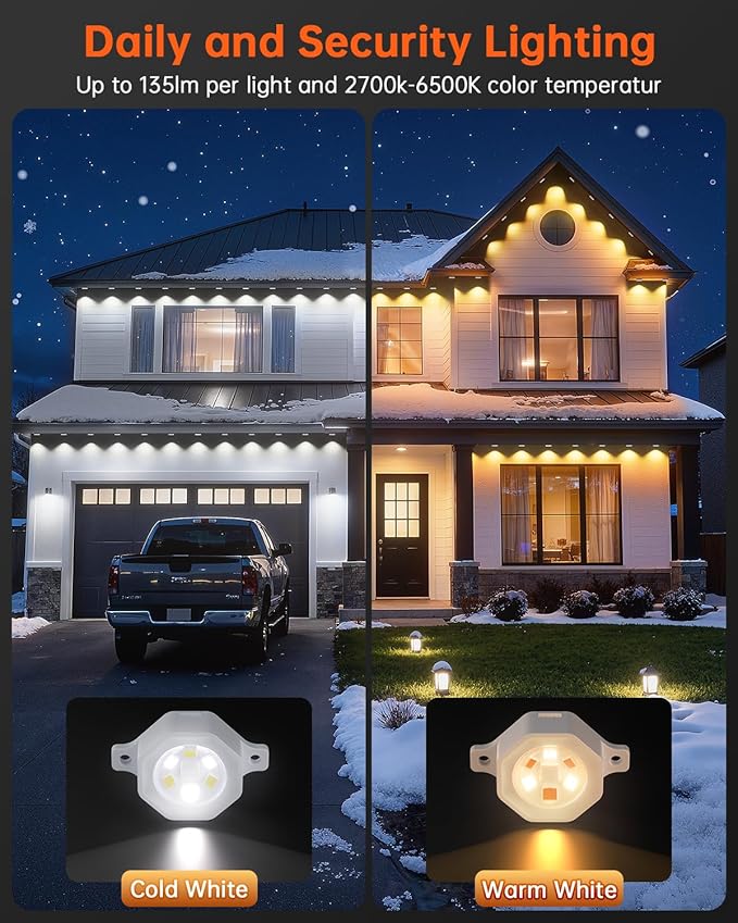 YAYZA! Permanent Outdoor Lights Pro,100ft 72 LED Smart RGB+IC+Warm/Cool White Christmas Eave Lights, 135lm, Music Sync & DIY Scenes, IP67 Waterproof for Outside Decor Works with Alexa,Google, Remote
