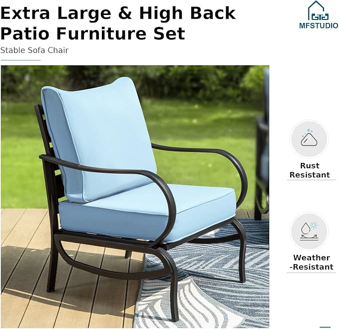 MFSTUDIO 4 Pieces Patio Conversation Sets, All Weather Metal Frame Outdoor Furniture Set Patio Sofas with 1 x 45 Rectangular Propane Fire Table, 1 x 3-Seat Sofa, 2 x Rocking Chairs, Blue Cushion