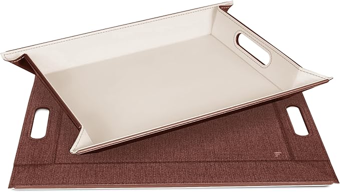 PLACEsMAT 2-in-1 Faux Leather Placemat & Serving Tray | Reversible Design, Lays Flat & Easy to Clean | Ottoman Food Tray, Perfect Housewarming Gift, 18” x 14” (Fabric Tan & Cream, Single)