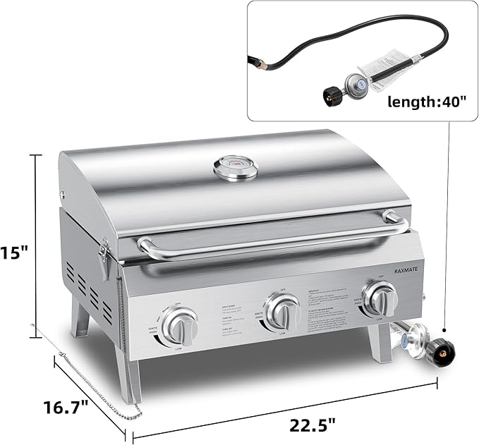 Tabletop Gas Grill, 22" 3-Burner Portable Propane BBQ Grill, 30,000 BTUs Stainless Steel Grill with Foldable Legs for Camping, Patio, Backyard, Tailgate, and Holiday Gatherings