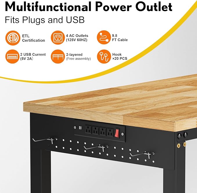 84” Adjustable Work Bench, 2-Layer Heavy Duty Workbench, 6000 LBS Capacity Workbench with Pegboard & Power Outlet, Rubber Wood Work Table for Garage, Office, Workshop, Home