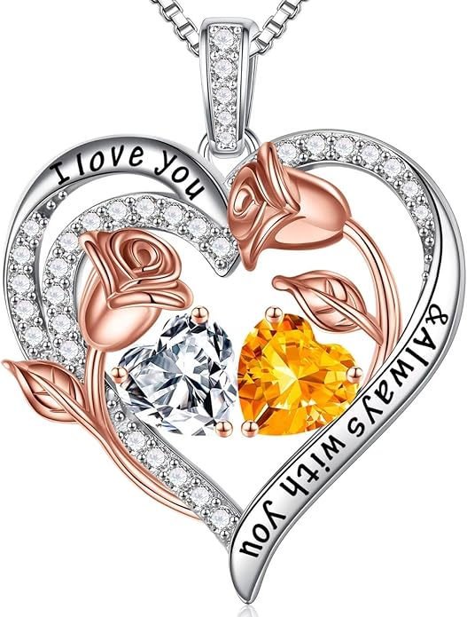 Iefil Christmas Gifts for Women Wife - 925 Sterling Silver Rose Heart Birthstone Necklace Birthday Anniversary Jewelry Gifts for Her Wife Mom Daughter