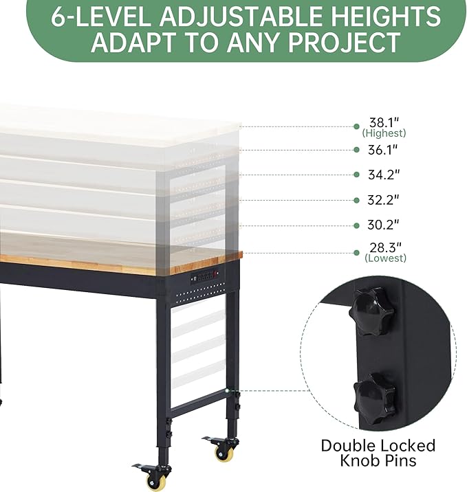 48"x24" Heavy-Duty Adjustable Workbench - 2000LB Capacity Work Bench with Rubberwood Top, Locking Wheels & Power Outlets, 27.8"-39.5" Height, Mobile Garage Workstation for Workshop/Home DIY