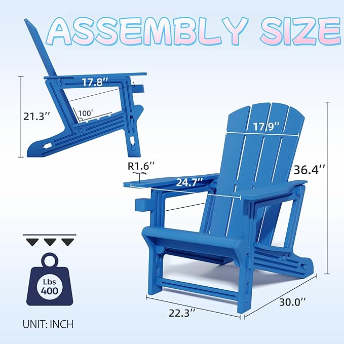 Adirondack Chairs Set of 4,Adirondack Chair with Cup Holders,Wooden Textured Plastic Fire Pit Chair,All-Weather Outdoor Patio Chairs for Lawn,Backyard Deck, Porch,400LBS Heavy-Duty，Klein Blue