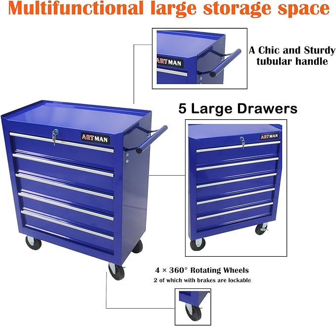 5 Large Drawers Rolling Tool Cart on Wheels, Trolley Organizer Tool Case Tool Chest, Multifunctional Tool Storage Tool Box for Workshop, Garage, Warehouse, Repair Shop (5 Drawers-29.3" H-Blue)