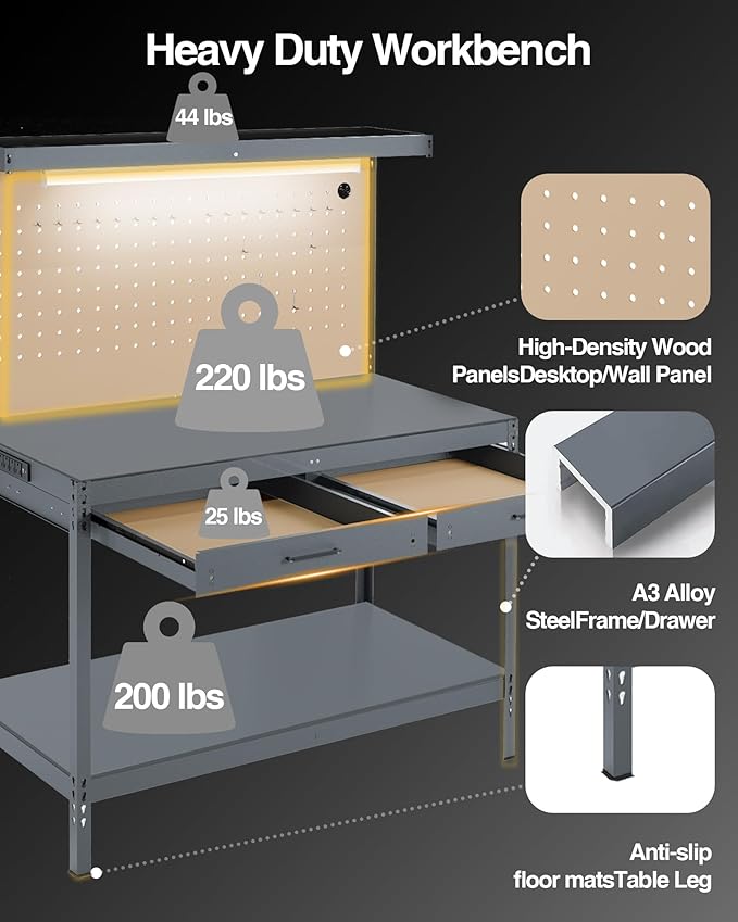 Work Bench, A3 Steel Garage Storage Workbench with Drawers Pegboard 600LBS Capacity Work Tool Bench, Workbench for Garage Workshop Basement, Work Table Light Gray