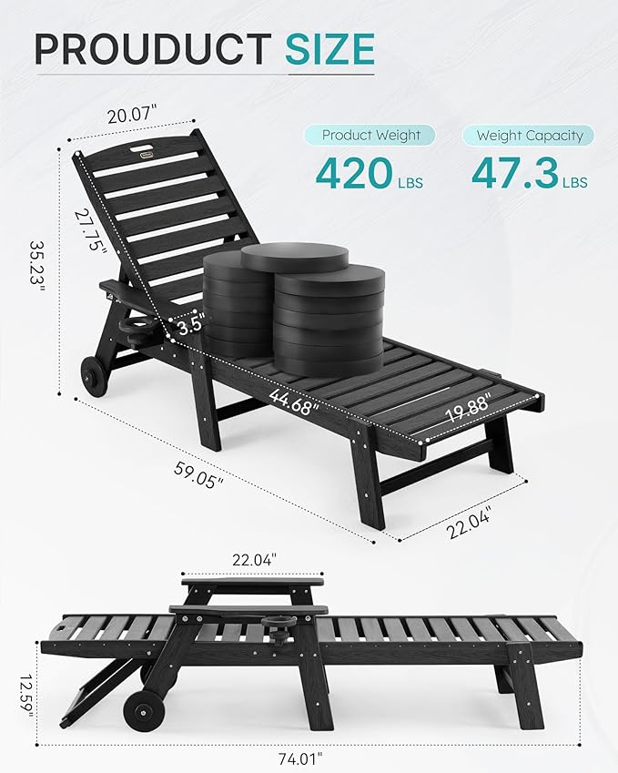 Chaise Lounge Chair Outdoor with Wheels, Oversize Patio Lounge Chairs with Wood Texture, 5-Position Plastic Lounge Chairs Set of 2-Black(Separate Delivery)