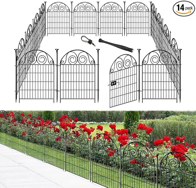 Tall Garden Fence Animal Barrier with Gate, 36 in(H) 14 Panels Garden Fences and Borders for Dogs, Dog Fence Outdoor for Yard, Total Length 30.6 Ft Metal Temporary Fencing│Patented