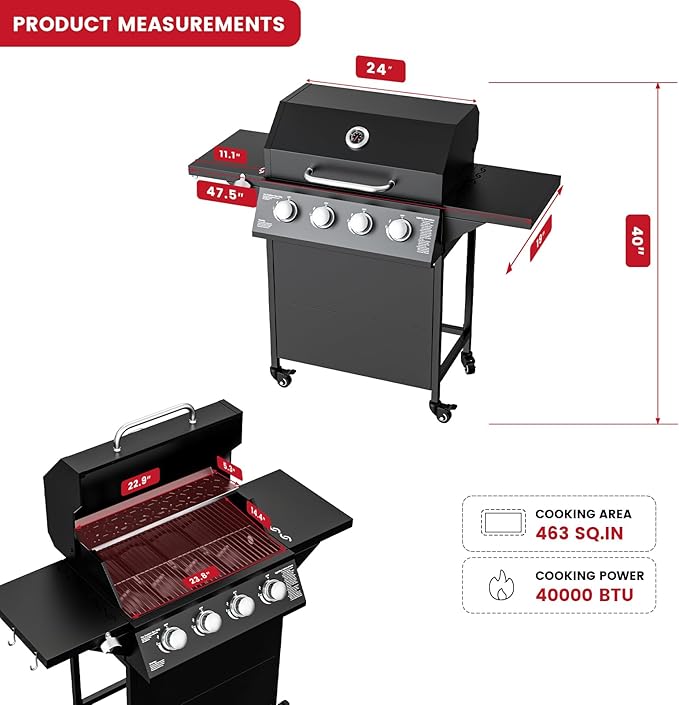 4 Burner Propane Gas Grill with Wheels, 40,000 BTU Output Outdoor BBQ Gas Grill with Side Tables for Backyard,Camping & Outdoor Cooking,Easy Assembly(Black)