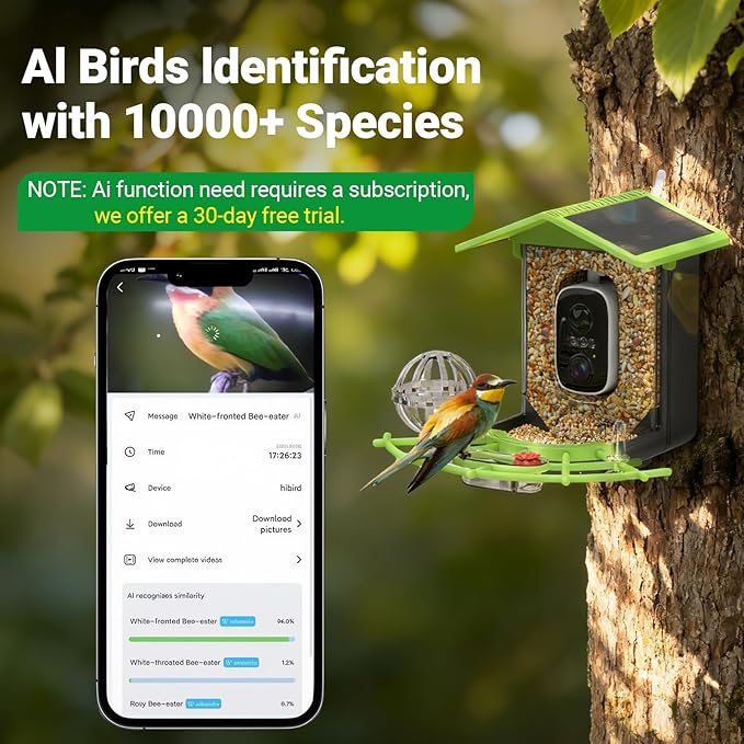 Smart Bird Feeder with Camera, Solar Powered, 2K HD & AI Identification, Color Night Vision, Weatherproof, Live View & Instant Alerts | Ideal Gift for Bird Lovers