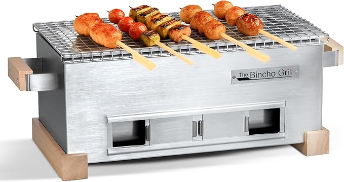 The Bincho Grill – 16" Mini Yakitori Grill – Stainless Steel Mini Tabletop Charcoal BBQ with Charcoal Box, Optimized Airflow & Cool-Touch Base - Perfect for Japanese Grilling, Skewers, Meat, Seafood