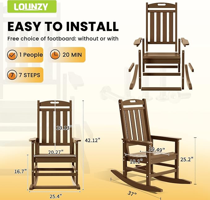 LOUNZY Outdoor Rocking Chair, HDPE Patio Rocking Chair with Footboard for Adults, All Weather Heavy Duty Front Porch Rocker, Brown