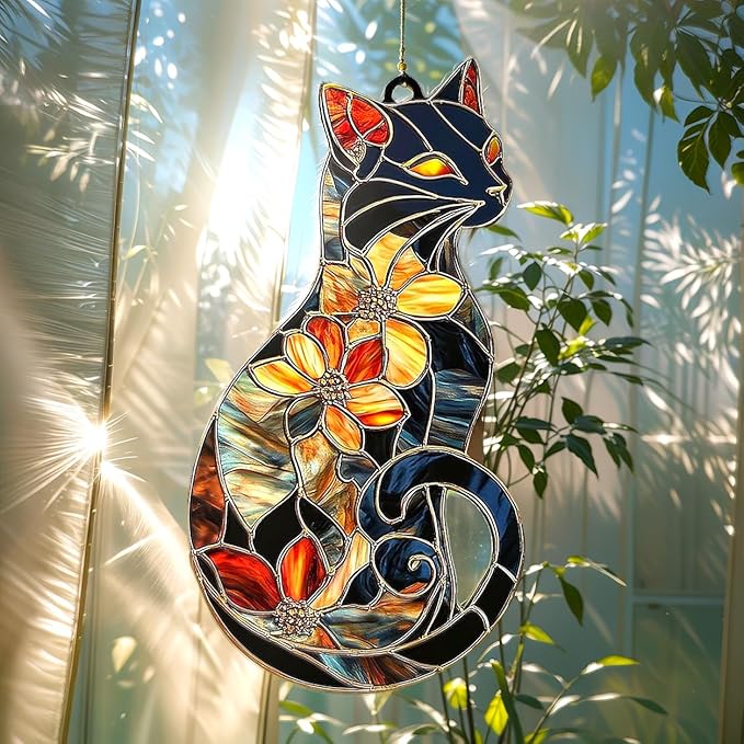 Cat Lovers Christmas Ornament Black Cats Suncatcher with Flowers Design Window Hanging Acrylic Stained Glass Effect Art Boho Garden Decor Unique Gift for Mom Thanksgiving