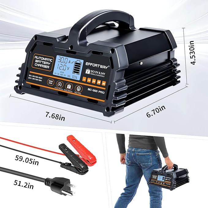 30A Battery Charger, 12V LiFePO4,12V/24V Lead-Acid Portable Automotive Battery Charger, 6-Stage Trickle Charger, Automotive Battery Maintainer for Cars, Trucks, Motorcycles and Lawnmowers