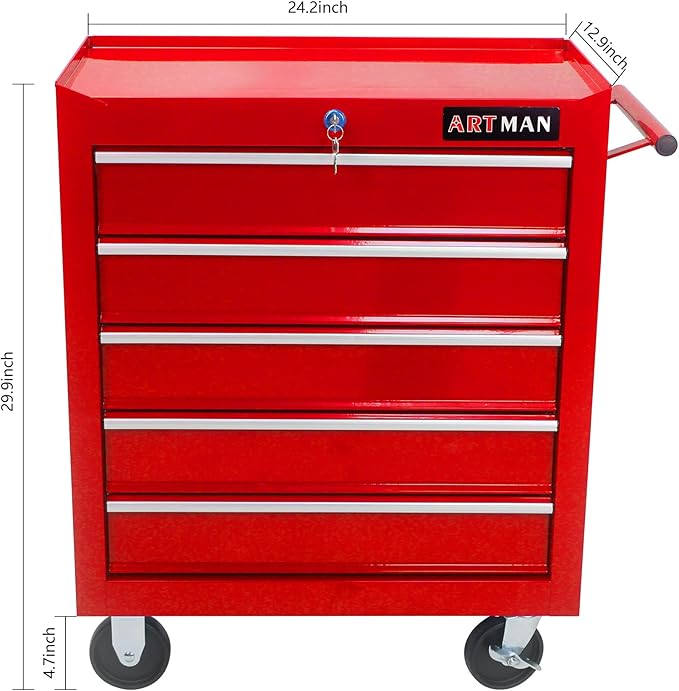 5 Large Drawers Tool Cart on Wheels,Rolling Tool Chest Tool Storage,Drawers Rolling Tool Trolley Organizer Tool Case for Garage, Warehouse, Workshop, Repair Shop (5 Large Drawers-29.3" H-Red)