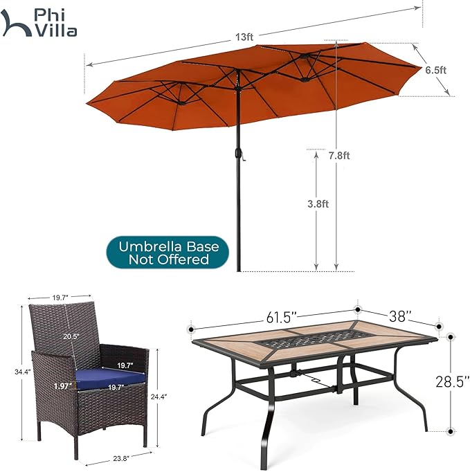 PHI VILLA 7 Piece Outdoor Dining Set with Umbrella, Rectangular Wood Top Metal Dining Table & Cushioned Wicker Chairs & 13ft Large Red Umbrella for Patio, Deck, Yard