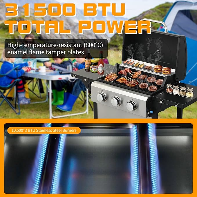 CIG GARDEN 3-Burner Propane Gas Grill,Outdoor Barbecue Grill with Side Tables and Wire Enamel Cooking Grids,31,500 BTU Output Stainless Steel BBQ Grill for Patio Garden Camping Backyard