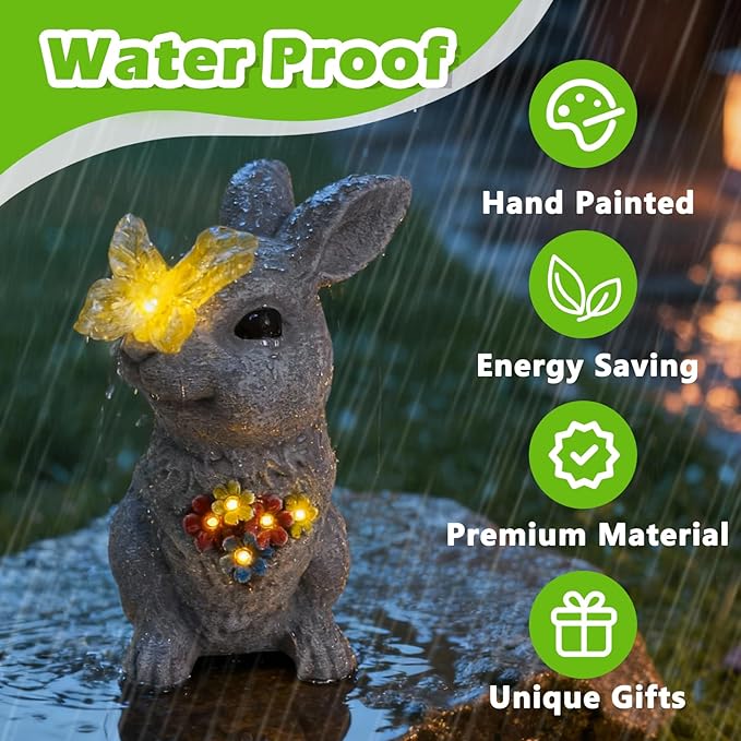 Charming Bunny Garden Statue with Solar Light - Rabbit Figurine Featuring Glowing Flowers & Butterfly - Rustic Outdoor Decor for Spring Patio & Yard - Christmas Birthday Gifts for Grandma Mom Women