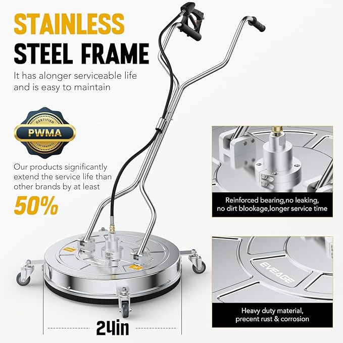 EVEAGE 24” Surface Cleaner Pressure Surface Washer Dual Handle, Stainless Steel Housing Power Washer Accessories with 2 Extension Wand & 4 Wheels and 2 Replacement Nozzles,4000 PSI