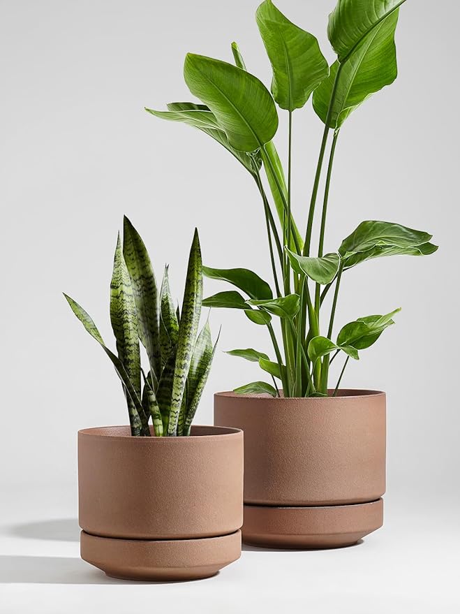 LE TAUCI 12 Inch Pots for Plants with Saucer | Ceramic Outdoor & Indoor Planter Pot for Plants | Drainage Hole, Mesh Pad & Plug | Unglazed Porous | Modern for Home, Office and Patio – Terracotta Color