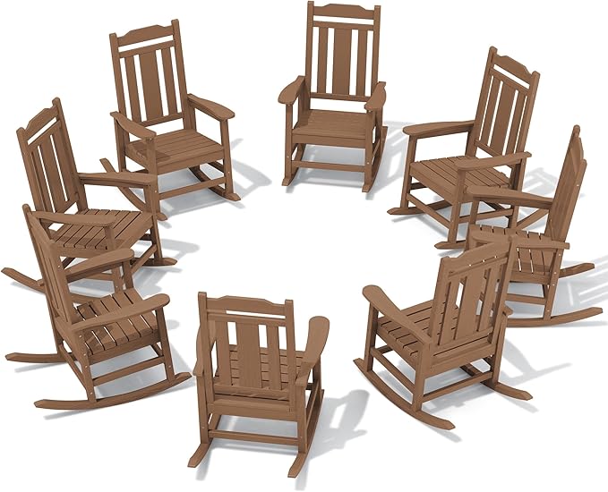 SERWALL Outdoor Rocking Chair Brown Set of 8, All Weather Patio Rocking Chair, HDPE Poly Rocking Chair for Adults, Heavy Duty Front Porch Rocker