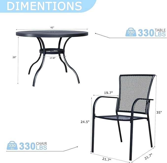 5 Piece Outdoor Dining Set, Patio Dining Set for 4, 42" Mesh Round Table with 4 Black Metal Mesh Outdoor Dining Chairs with Armrest for Lawn, Garden, or Porch
