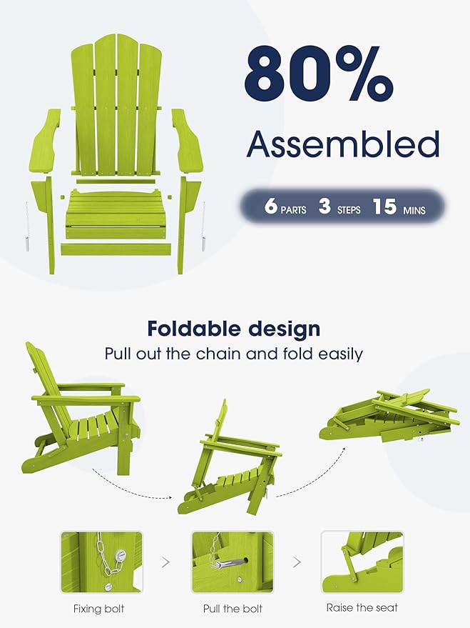KINGYES Folding Adirondack Chair Set of 8, HDPE All-Weather Folding Adirondack Chair, Apple