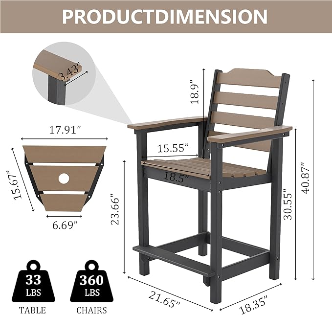 OTSUN HDPE Tall Adirondack Chair, Weather Resistant Balcony Chairs for Garden, Backyard, Poolside, Capacity 300 LBS(4 PCS，Brown&Black)