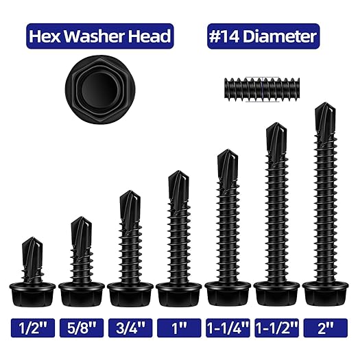 #14 x 1-3/4" Hex Washer Head Self Tapping Screws, TEK Screws, Self Drilling, Stainless Steel 410 Sheet Metal Screws, Black Finish, 50 PCS