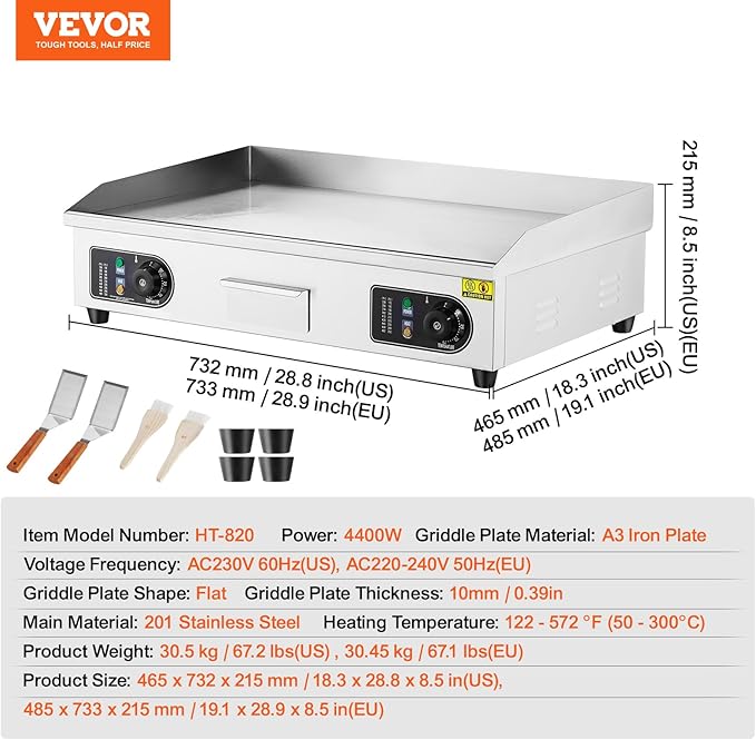VEVOR Commercial Electric Griddle, 4400W Countertop Flat Top Grill, 122℉-572 ℉ Adjustable Temp, 29in Stainless Steel Griddle Grill with 2 Shovels and 2 Brushes for Home or Restaurant(220V No Plug)