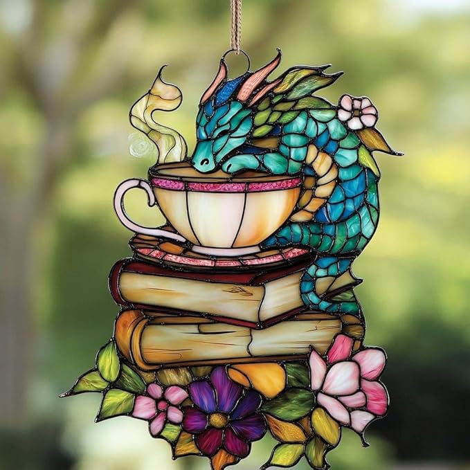 Book Dragon Christmas Ornament Floral Teacup Bookish Acrylic Suncatcher Stained Glass Effect Window Hanging for Book Lover Fantasy Reading Nook Decor Gift for Librarian Readers