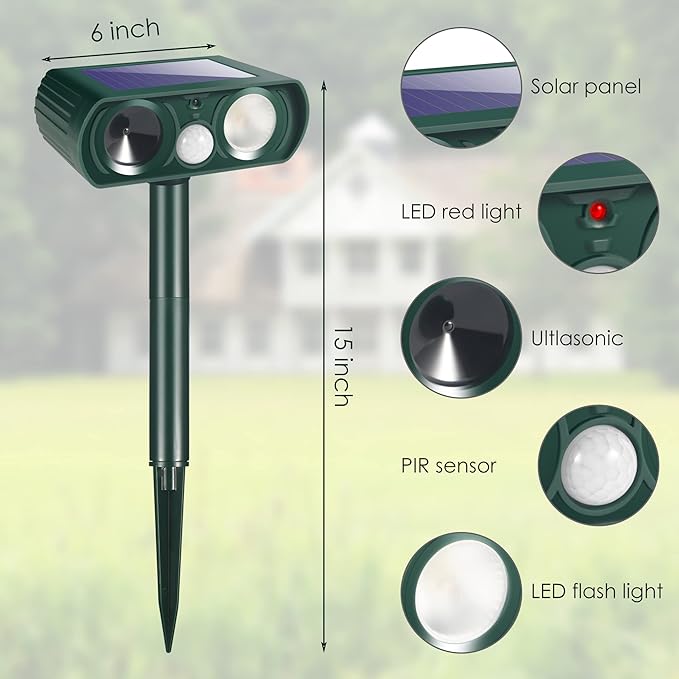 Solar Ultrasonic Animal Repellent Outdoor Deer Repellent Devices with Motion Detection & Flashing Lights,Solar Animal Repeller,Cat Squirrel Raccoon Skunk Rabbit Coyote Deterrent for Yard Garden,4 Pack