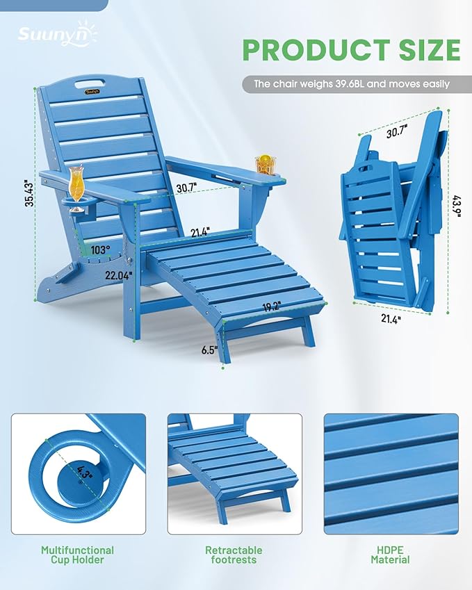 Folding Adirondack Chair with Retractable Ottoman Weather Resistant Fire Pit Chair Patio Chair with 2 Cup Holder Lawn Outdoor Lounge Chair (Royal Blue)