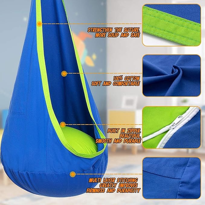 Y- STOP Kids Pod Swing Seat, Hanging Hammock Chair Swing with Inflatable Pillow, Sensory Swing Chair with Pocket for Outdoor and Indoor (Blue and Green)