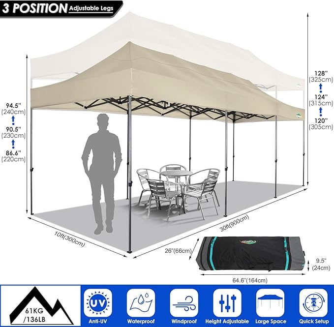 COBIZI 10x30 Heavy Duty Pop up Canopy Party Tent for Parties Weddings Events UPF 50+ Waterproof Commercial Gazebo with Roller Bag, Khaki