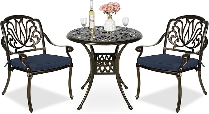 MEETWARM 3 Piece Patio Bistro Set, Outdoor All-Weather Cast Aluminum Dining Furniture Set Includes 2 Cushioned Chairs and a 31” Round Table with Umbrella Hole for Garden Deck, Navy Blue