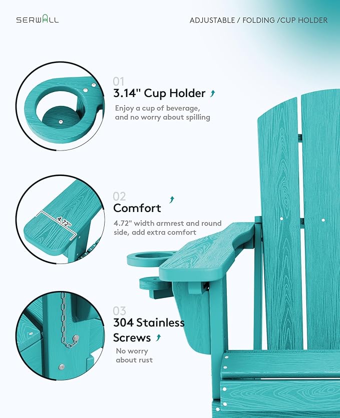 SERWALL Folding Adirondack Chair Set of 6, Adjustable Adirondack Chair with 3 Recline Positions, All Weather HDPE Outdoor Adirondack with Cup Holders, Aruba