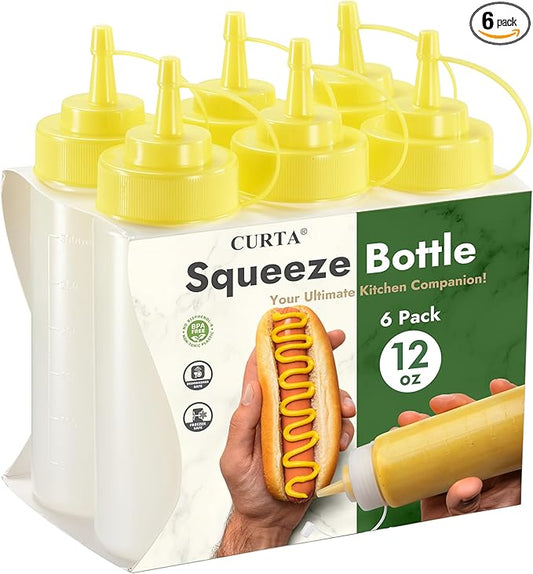 CURTA 6-Pack 12 oz Clear Squeeze Bottle with Cap, BPA-Free Easy-to-Squeeze Plastic Condiment Dispenser with oz & ml Markings for Sauce, Oil, Dressing, Dishwasher Safe, Yellow