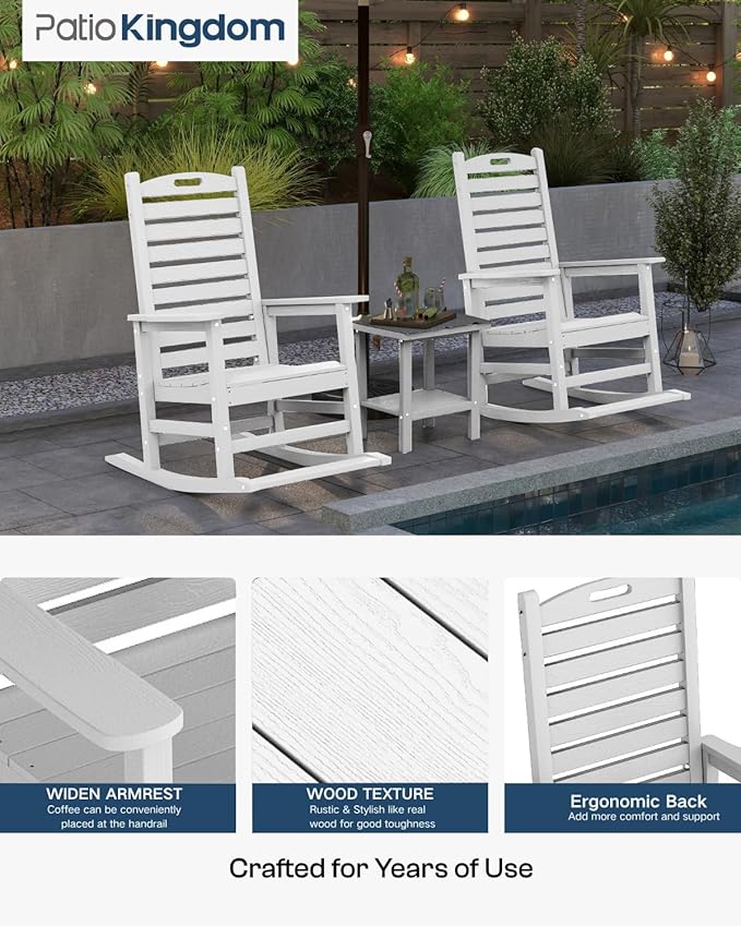 Outdoor Rocking Chairs Set of 2 with Footrest & Side Table, HDPE Modern Rocking Lawn Chair for Garden, Poolside, Deck (White)