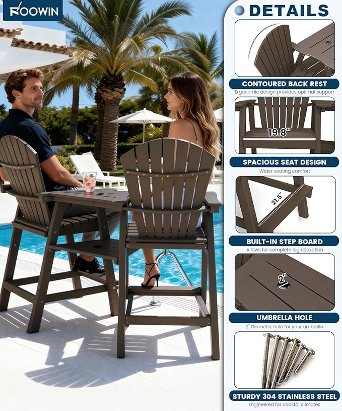 FOOWIN Tall Adirondack Chair Set of 4, All Weather HDPE Bar Height Adirondack Chair with Double Connecting Trays, Adirondack Barstools for Balcony, Deck, Backyard, Patio, Garden Walnut