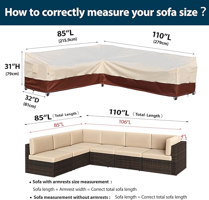 Outdoor Sectional Cover-L-Shaped Patio Furniture Covers Waterproof Rip-Stop Anti-UV 600D Heavy Duty Couch Cover with 3 Air Vent Sofa 85''L （110''L）32''D 30''H Beige & Reddish Brown