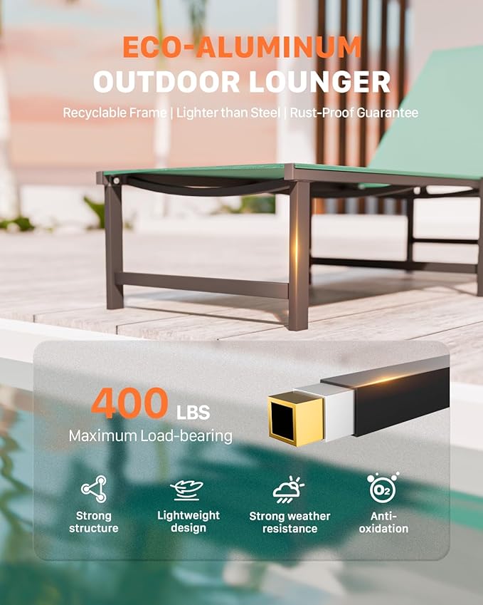 Chaise Lounge Chair Outdoor,Aluminum Patio Lounge Chairs Set of 2,Pool Lounge Chairs with 5 Adjustable Backrest and Headrest Pillows for Outside Beach，Green