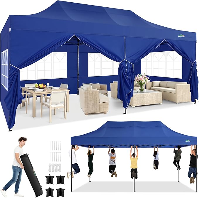 COBIZI 10x20 Pop up Canopy Tent Heavy Duty with 6 Sidewalls, Easy Set-up Commercial Outdoor Party Tent, 100% Waterproof Wedding Gazebo, 3 Height Adjustable with Wheeled Bag, Dark Blue