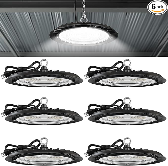 Sunco 6 Pack UFO LED High Bay Light, Shop Lights for Warehouse, Plug & Play, 19500 LM, 150W, 5000K Daylight, Power Cord Included, IP65 Waterproof Shatterproof Fixture UL.