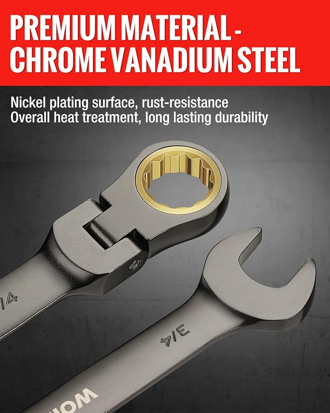 WORKPRO 8-piece Flex-Head Ratcheting Combination Wrench Set, SAE 5/16-3/4 in, 72-Teeth, CR-V Constructed, Nickel Plating with Organizer Bag