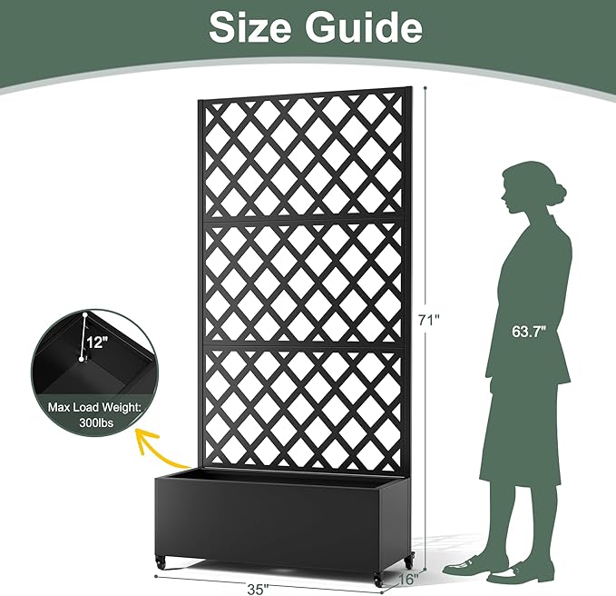 Metal Large Garden Bed with Trellis & Wheels, Planter Box with Privacy Screen for Climbing Plants, Privacy Planters for Patio, 35" L Garden Boxes with Drainage Holes (Black Diamond)