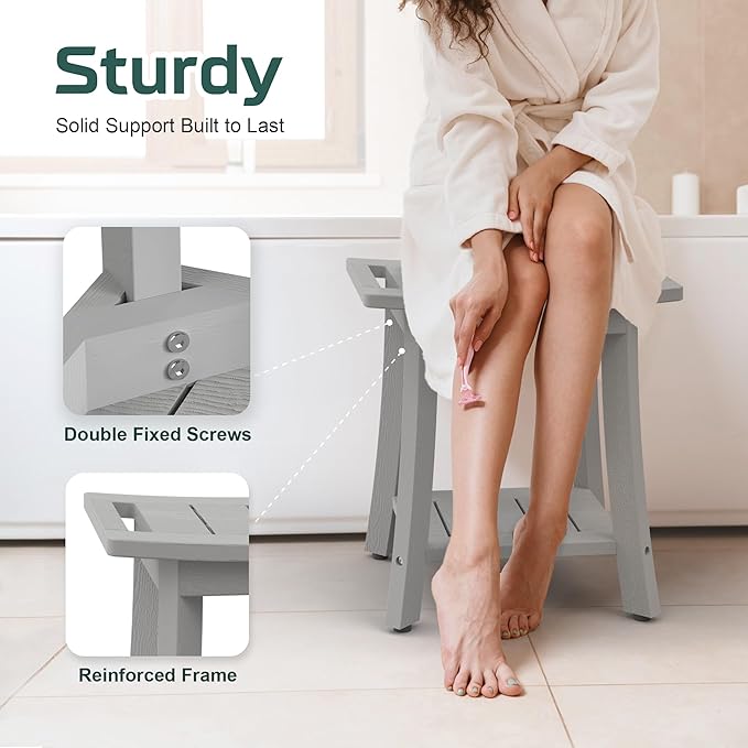 HIPS Shower Benches for Inside Shower, Waterproof Shower Stool with Storage Shelf & Adjustable Feet, SPA Bathroom Seat Chair for Shaving Legs, Indoor or Outdoor Use, Grey